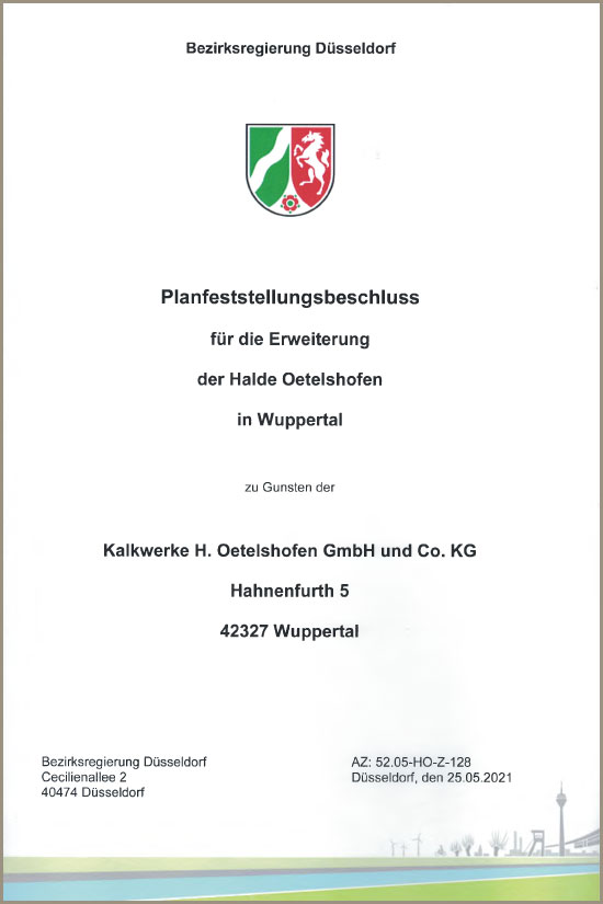 Planfeststellungsbeschluss für die Erweiterung der Halde Oetelshofen in Wuppertal 